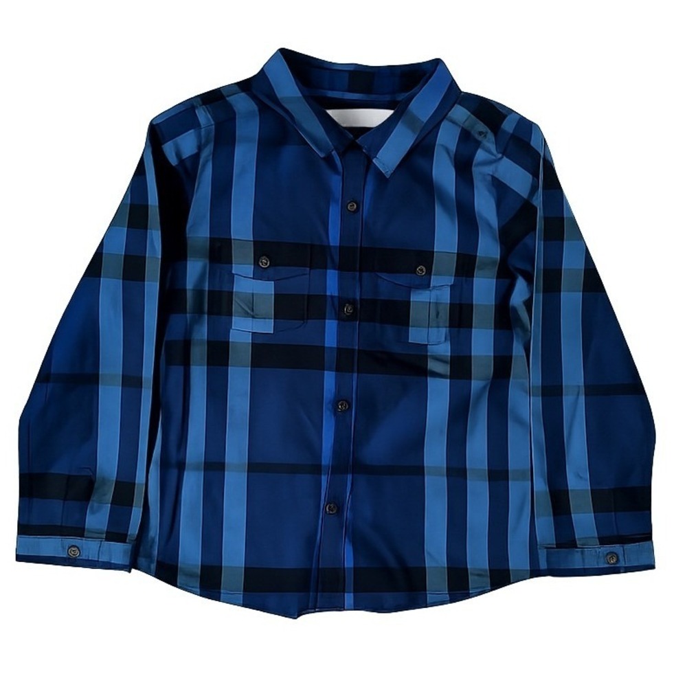 Burberry Button‎ Down Shirt Boys 3/4T Blue Excellent Mega Check Plaid